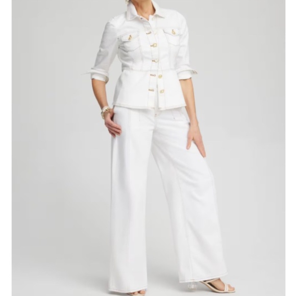 CHICO’S No Stain Peplum Denim Jacket & matching High Rise Palazzo Jeans NWT - Picture 1 of 16